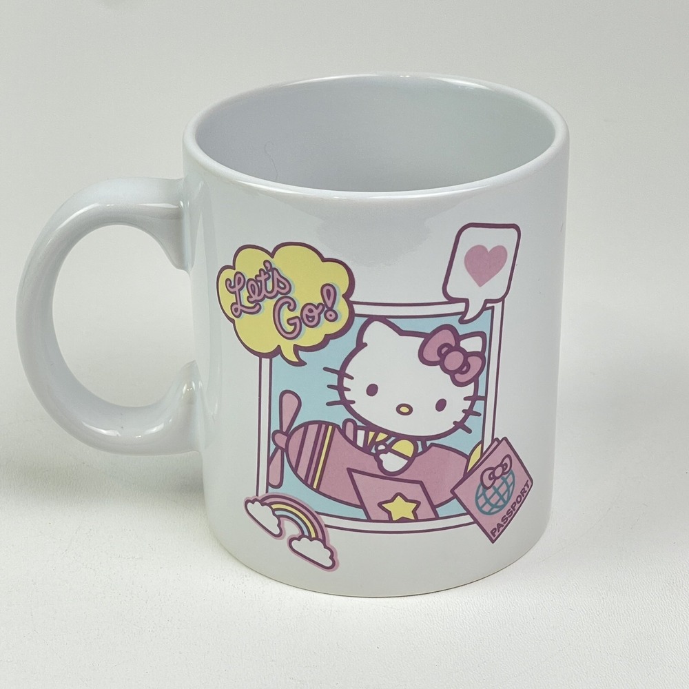 Sanrio Hello Kitty Lets Go Travel Destination‎ Ceramic Mug 20oz Pink Yellow Blue